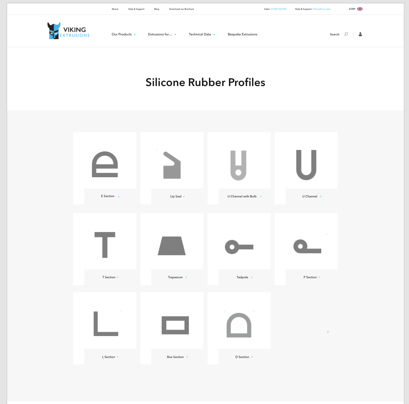 A page on Viking Extrusions' website focused on Silicone Rubber Profiles.