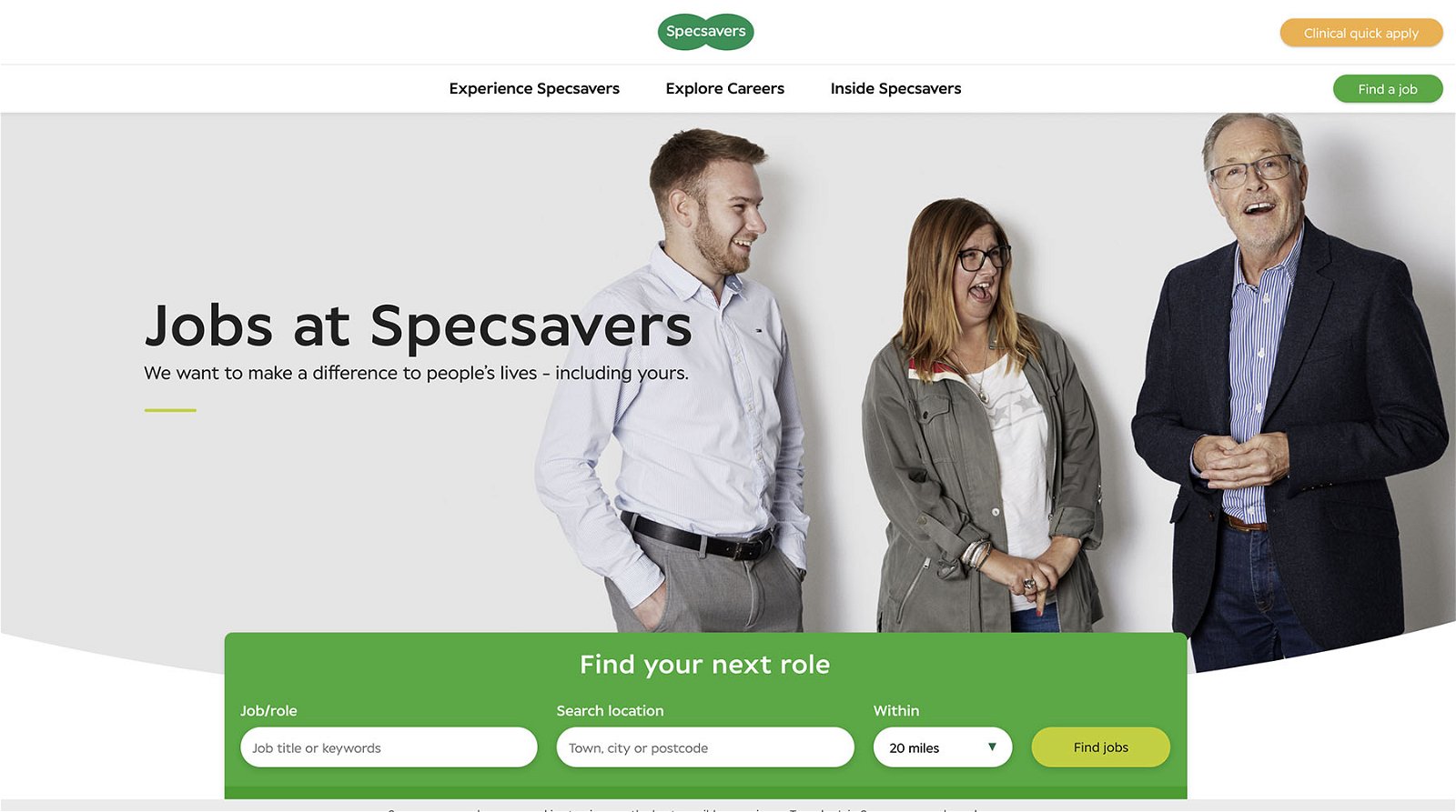 Header section of Specsavers' dedicated careers website.