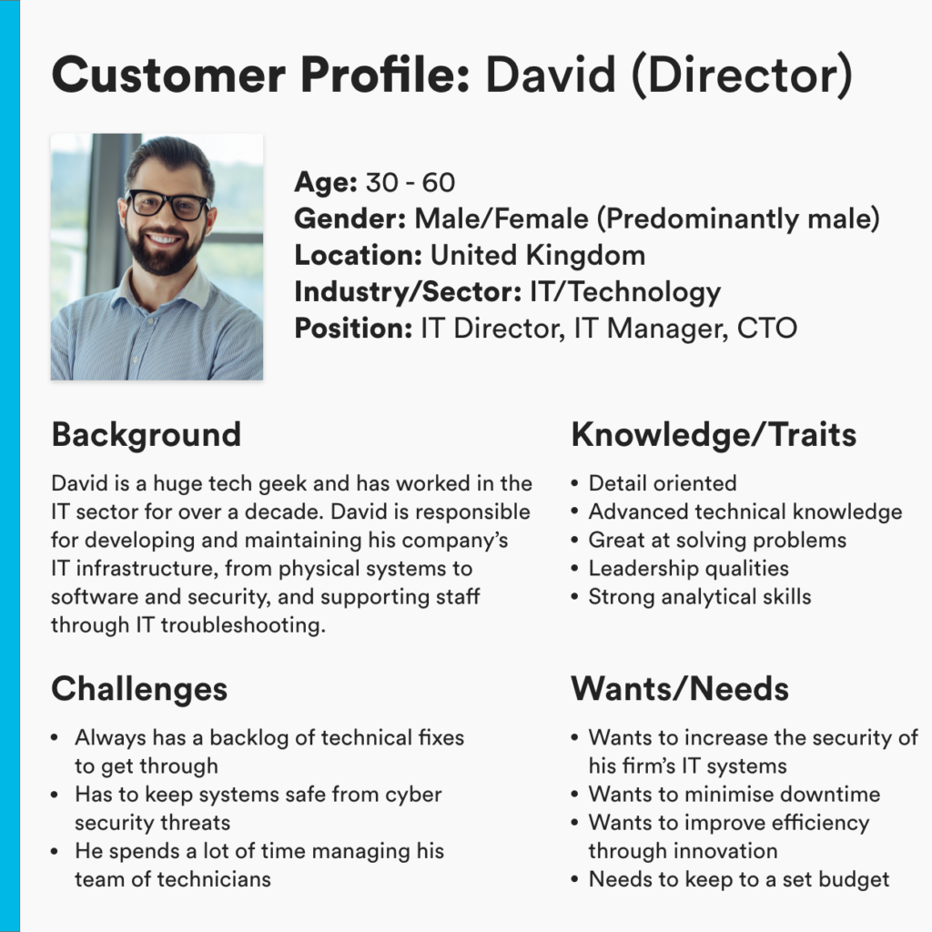 A customer profile of an IT Director, showing their background, knowledge and traits, challenges, and requirements.