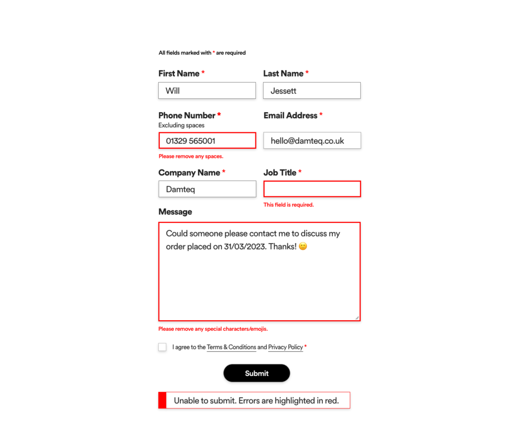 A contact form with clear labelling, instructions, and indicators of errors.
