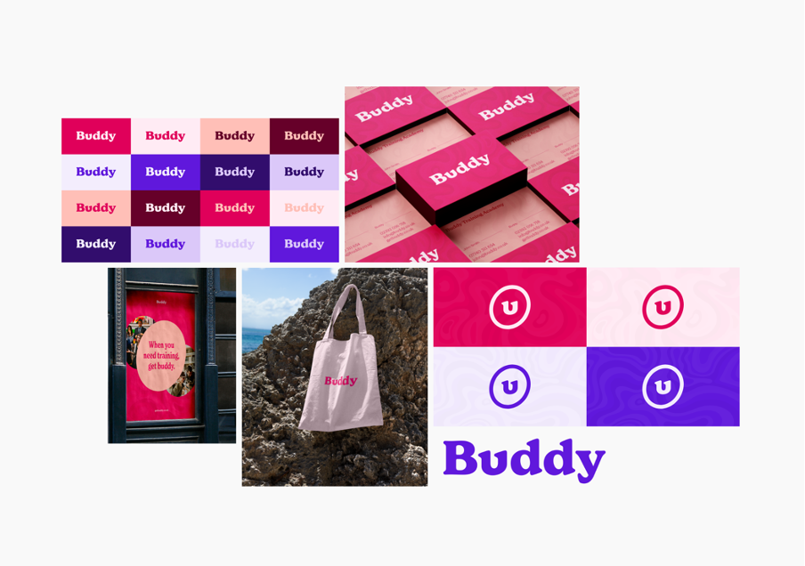 A collage of brand designs that Damteq created for Buddy Training, including tote bags, logo variations, business cards, and poster designs.