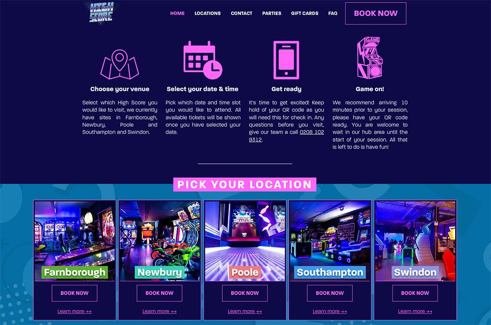 High Score arcades' branding and website homepage design.