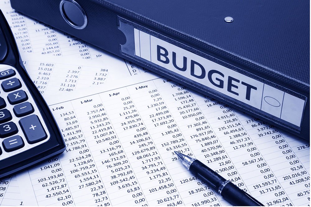 A large spreadsheet detailing monthly business budgets, revenue, and outgoings.