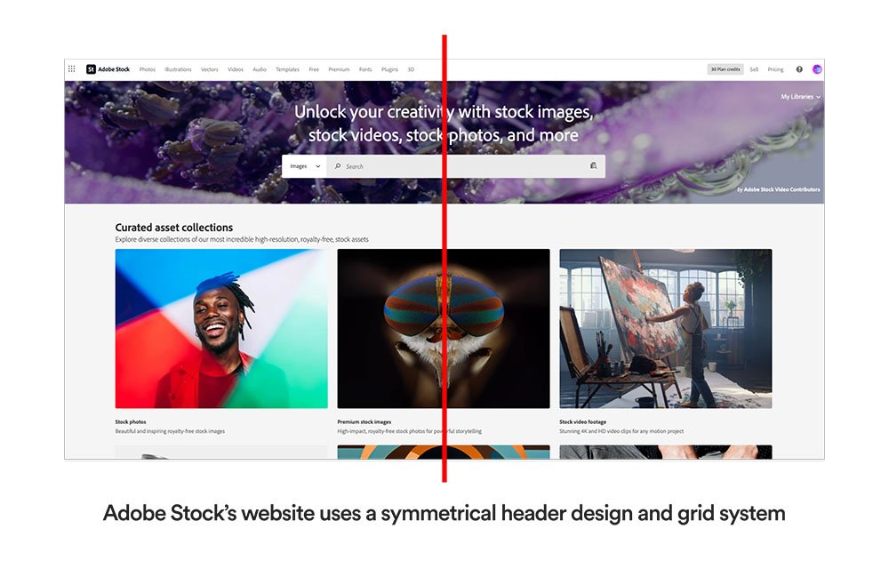 An example of the Symmetry Gestalt Principle used on the Adobe Stock website.