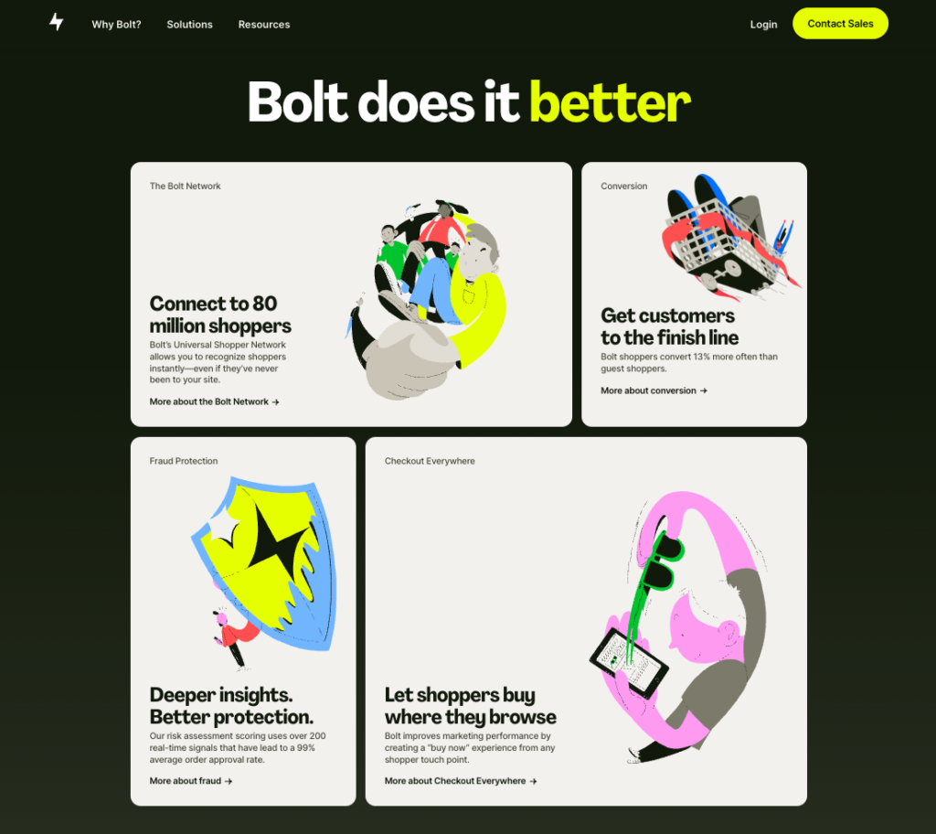 A section of the Bolt website that follows the web design trends of compartmentalisation using 4 Bento Box style sections.
