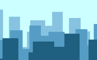 A blue background with darker blue animated buildings scrolling horizontally.