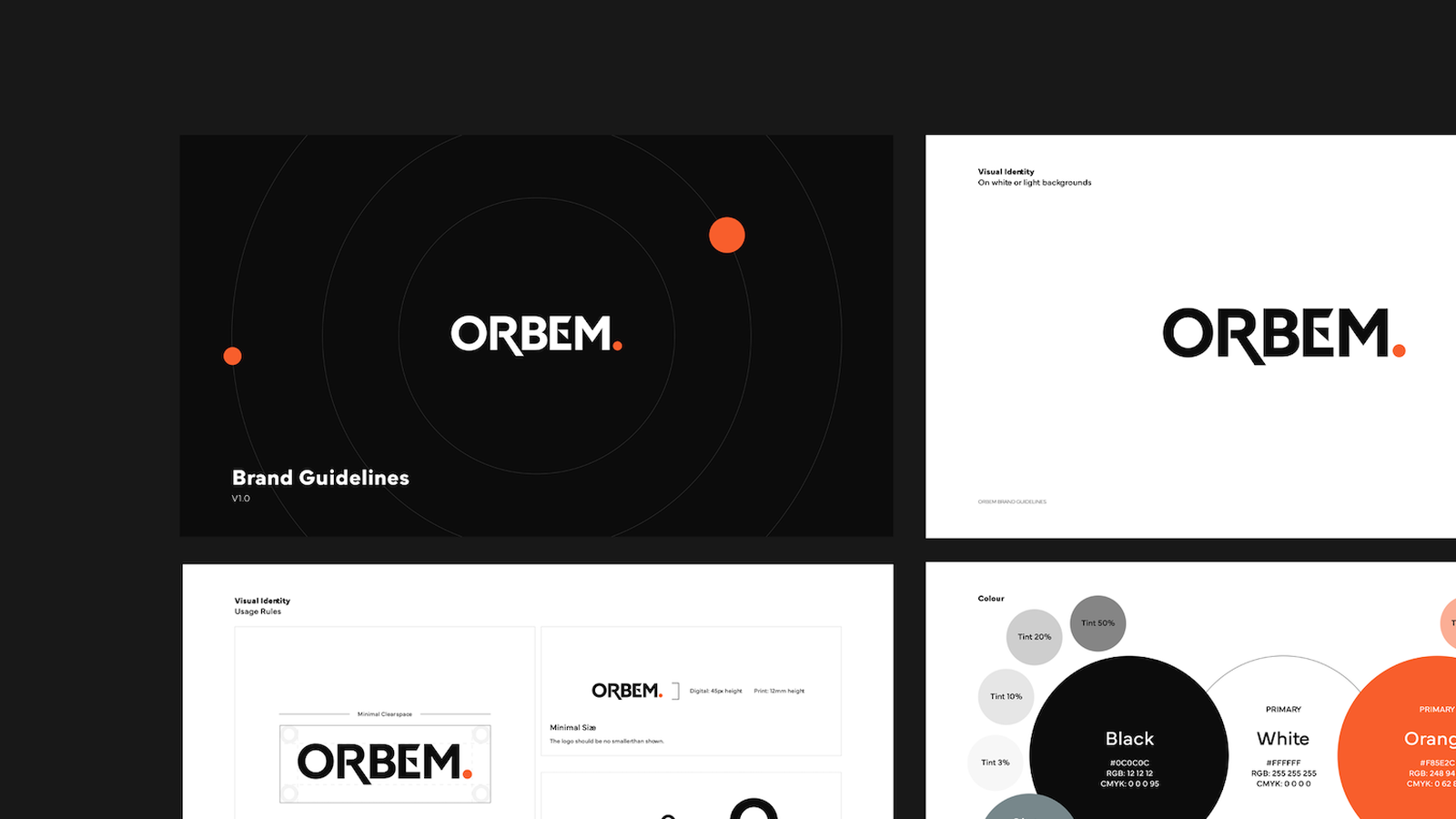 An artboard of Orbem's brand guidelines and designs.