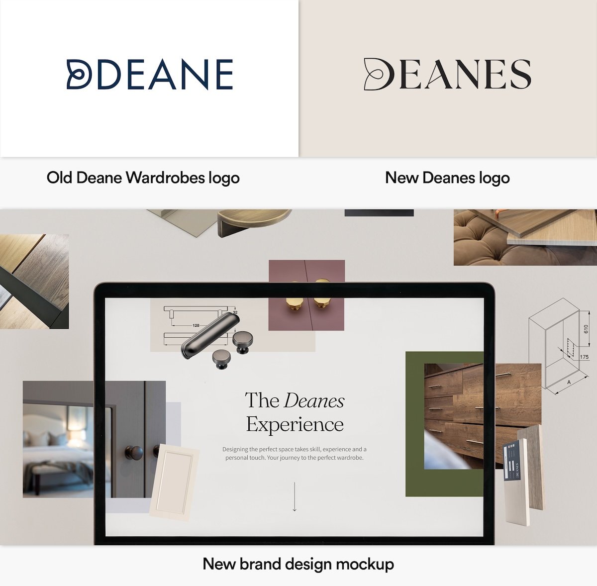 A comparison between the old Deanes logo which was dark blue with a white background, and the new Deanes logo which is black with a beige pastel background.