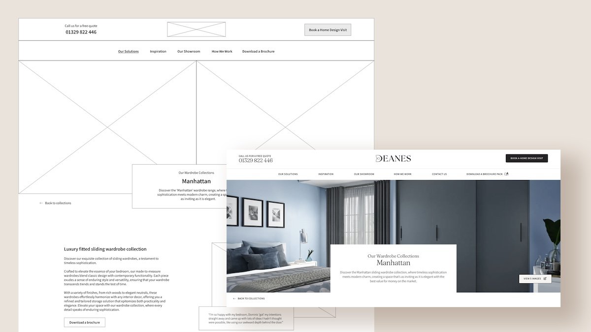 A website wireframe for one of the custom wardrobe pages on the Deanes website.