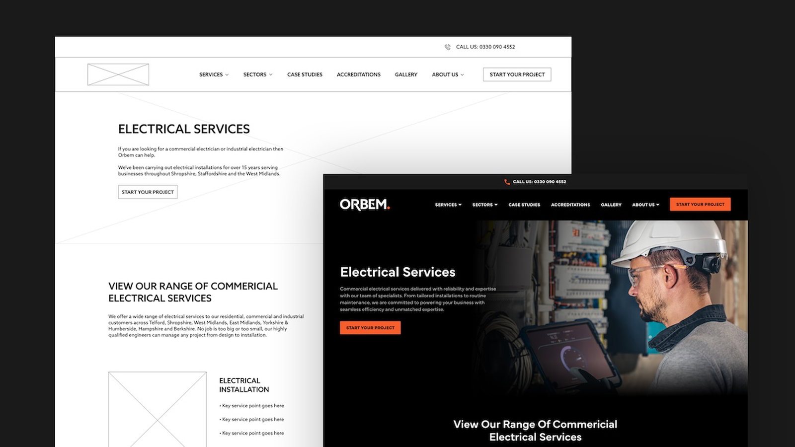 Wireframe designs of the Orbem specialist electrical website.