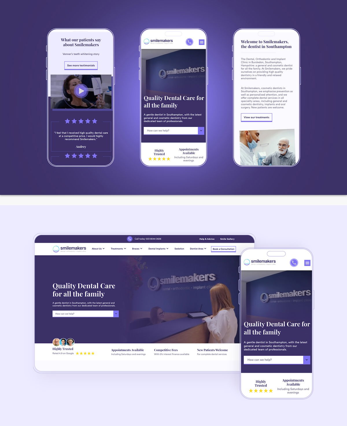 Webpage designs for the Smilemakers dental practice website that Damteq designed and built in 2023.