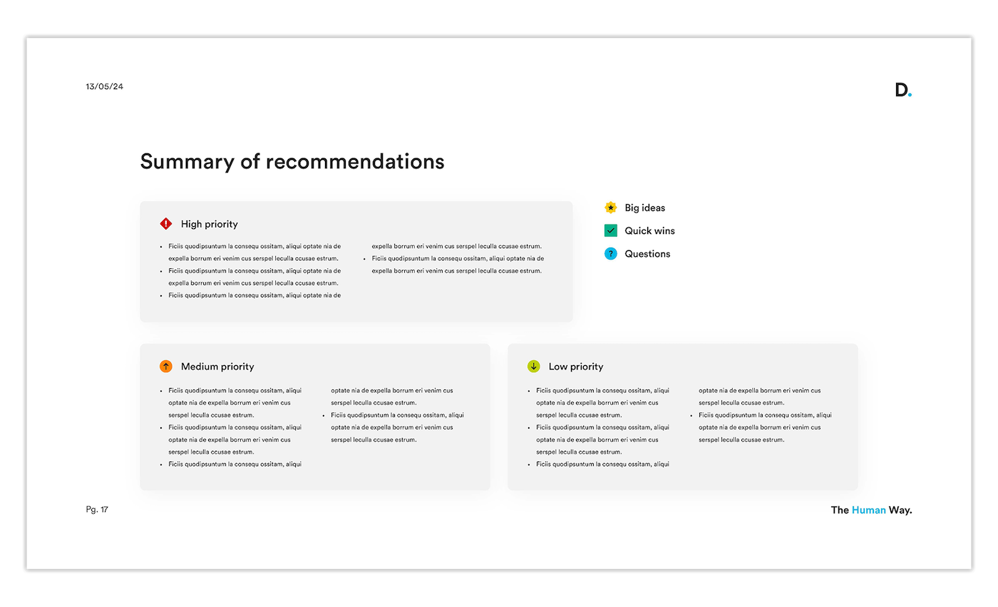 A page from a UX audit highlighting the changes and recommendations for a website's usability and accessibility.