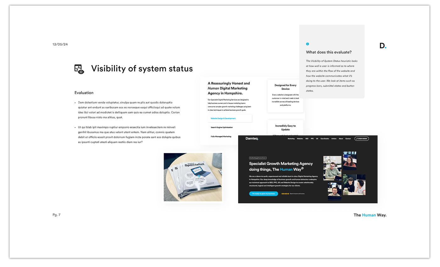 A page from one of Damteq's UX audits detailing the Visibility of System Status compliance of a website.