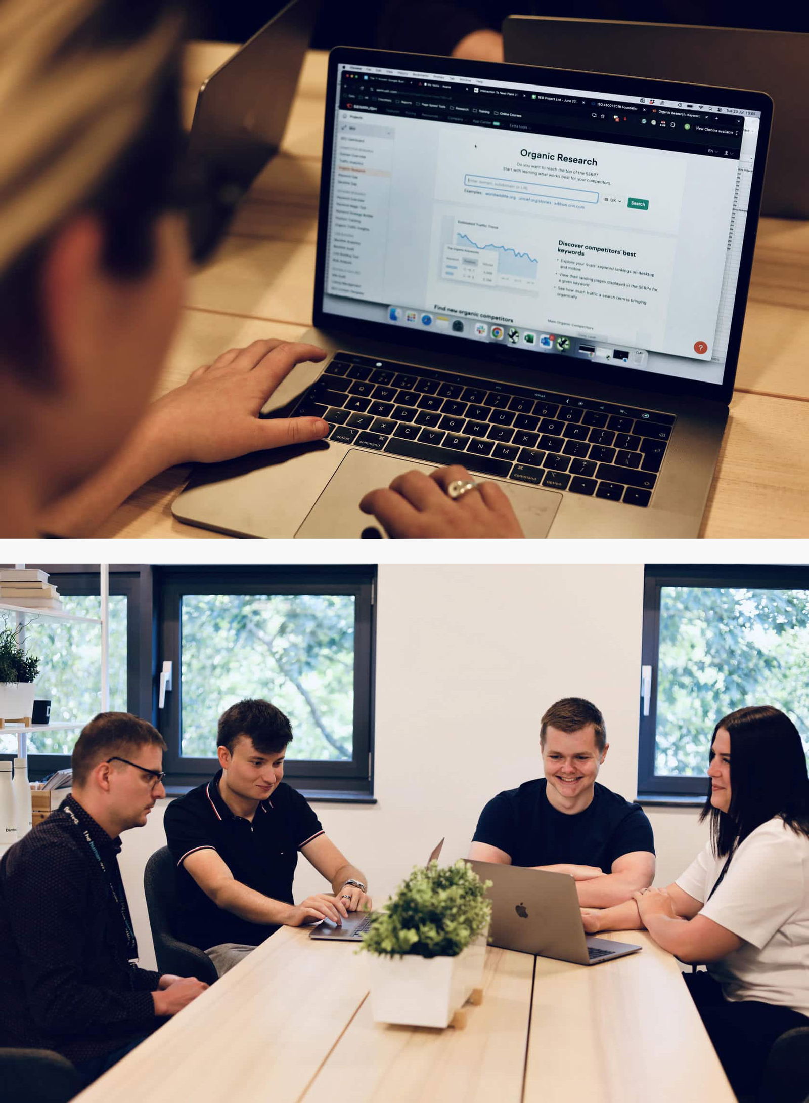 Two images, the one on the top is an SEO Specialist using Semrush tools on her laptop, and on the bottom is a PPC team collaborating in a meeting.