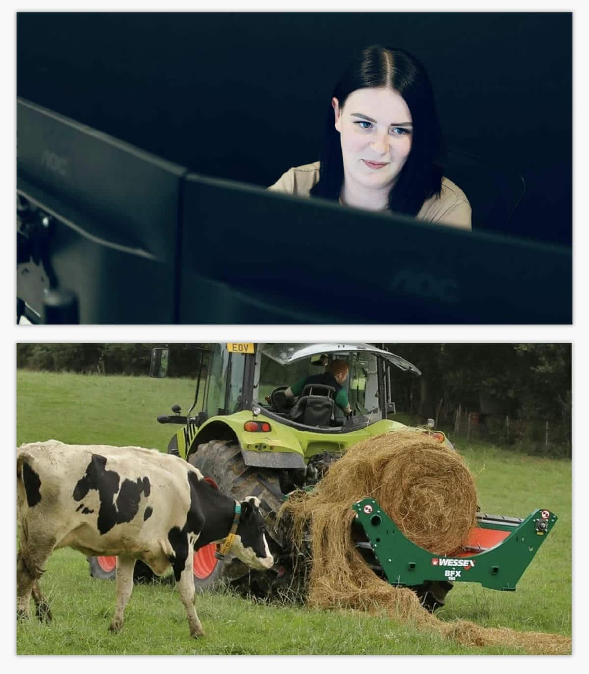 Two images, the top one showing PPC specialist working at her desk, the other show a Wessex baler machine being pulled in a field by a tractor as a cow walks behind it.