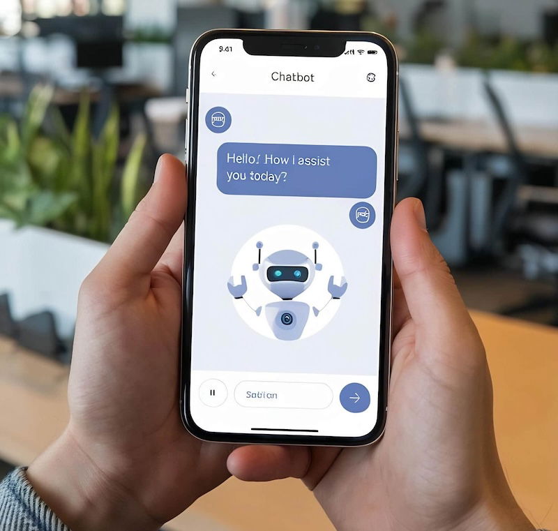 An AI generated image of a man in an office holding his phone which shows a conversation with AI customer support chatbot on the screen.