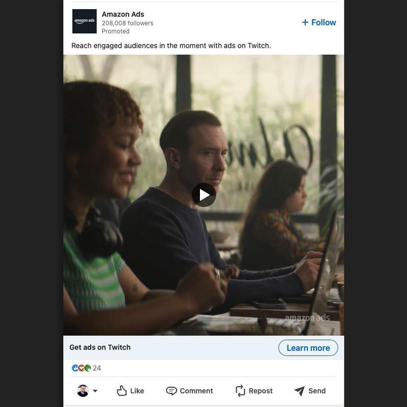 A paid social media advert on LinkedIn being run by retail giant, Amazon, in a video format.